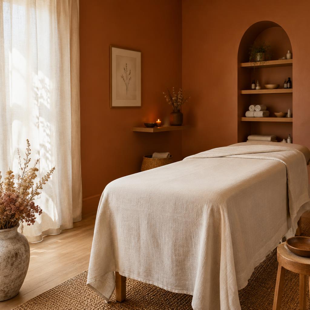 A calm treatment room with linen and dried flowers